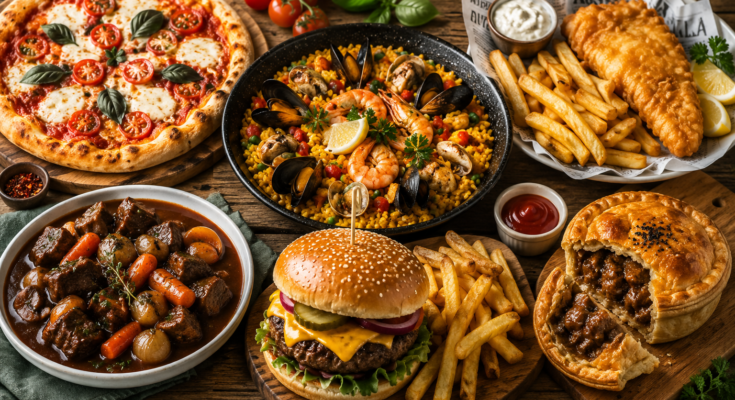 Popular Western dishes including pizza, paella, burger, fish and chips, and meat pie.