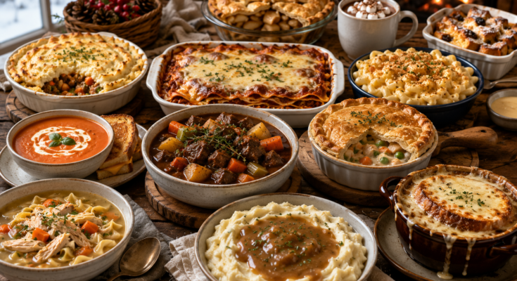 A cozy spread of winter comfort foods including soup, stew, lasagna, pot pie, macaroni and cheese, and apple pie.