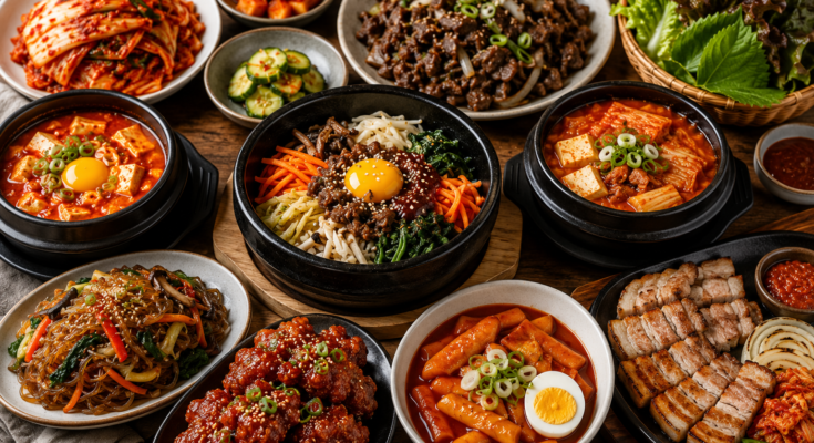 Traditional Korean dishes including bibimbap, bulgogi, kimchi, japchae, tteokbokki, and Korean fried chicken.