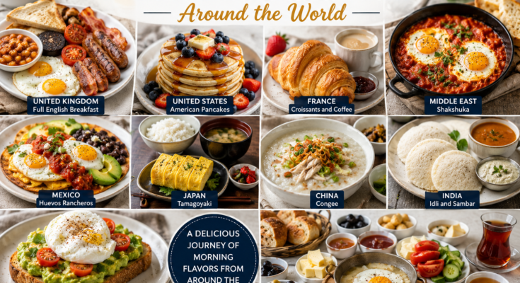 A variety of popular breakfast dishes from around the world, including pancakes, croissants, shakshuka, avocado toast, and a full English breakfast.
