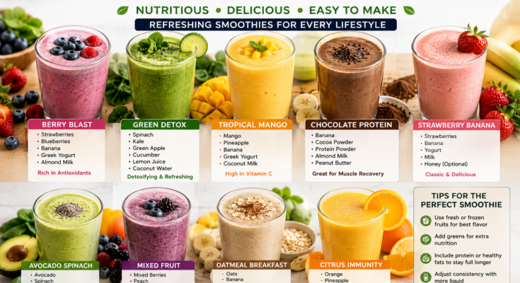 # Healthy Smoothie Recipes for Every Lifestyle Healthy smoothies are one of the easiest and most delicious ways to add more fruits, vegetables, and nutrient-rich ingredients to your daily diet. Whether you need a quick breakfast, a post-workout drink, or a refreshing afternoon snack, smoothies offer endless possibilities while providing essential vitamins, minerals, fiber, and antioxidants. One of the biggest advantages of smoothies is their versatility. They can be customized to suit different dietary preferences, fitness goals, and seasonal ingredients. With the right combination of fruits, vegetables, protein, and healthy fats, a smoothie can become a balanced meal or a nutritious snack that supports overall well-being. This collection features some of the best healthy smoothie recipes that are simple to prepare and perfect for every lifestyle. ## Benefits of Healthy Smoothies Smoothies are more than just refreshing drinks. They offer several health benefits when prepared with wholesome ingredients. Some of the key benefits include: * Rich in vitamins and minerals * Excellent source of dietary fiber * Supports healthy digestion * Provides natural energy * Helps increase daily fruit and vegetable intake * Can support weight management * Easy to customize for different nutritional needs Using fresh or frozen produce allows you to enjoy nutritious smoothies throughout the year. ## Best Healthy Smoothie Recipes ### Berry Blast Smoothie This colorful smoothie combines strawberries, blueberries, raspberries, banana, Greek yogurt, and almond milk. Packed with antioxidants and vitamin C, it makes an excellent breakfast or post-workout drink. ### Green Detox Smoothie A refreshing blend of spinach, kale, cucumber, green apple, banana, lemon juice, and coconut water creates a nutrient-rich smoothie that is high in fiber and essential vitamins. ### Tropical Mango Smoothie Made with mango, pineapple, banana, Greek yogurt, and coconut milk, this smoothie delivers a naturally sweet and creamy texture while providing vitamin C and potassium. ### Banana Peanut Butter Smoothie Banana, natural peanut butter, oats, milk, and Greek yogurt combine to create a protein-rich smoothie that keeps you feeling full for longer. It is an excellent option before or after exercise. ### Strawberry Banana Smoothie One of the most popular smoothie combinations, this recipe blends strawberries, banana, yogurt, and milk into a naturally sweet and creamy drink suitable for all ages. ### Chocolate Protein Smoothie For a healthier chocolate treat, blend banana, unsweetened cocoa powder, protein powder, almond milk, and peanut butter. This smoothie is ideal for muscle recovery after workouts. ### Avocado Spinach Smoothie Creamy avocado, spinach, banana, almond milk, and chia seeds create a satisfying smoothie packed with healthy fats, fiber, and essential nutrients. ### Mixed Fruit Smoothie A mixture of berries, peaches, mango, pineapple, and orange juice creates a refreshing smoothie that is naturally sweet and loaded with vitamins. ### Oatmeal Breakfast Smoothie Rolled oats, banana, cinnamon, milk, yogurt, and honey create a filling breakfast smoothie that provides lasting energy throughout the morning. ### Citrus Immunity Smoothie Oranges, pineapple, ginger, carrots, and Greek yogurt combine to produce a bright, refreshing smoothie rich in vitamin C and antioxidants that support overall wellness. ## Tips for Making Healthy Smoothies Using ripe fruits helps create natural sweetness without adding refined sugar. Frozen fruit can also provide a thicker texture while keeping smoothies cold and refreshing. For extra nutrition, consider adding ingredients such as chia seeds, flaxseeds, oats, spinach, kale, nut butter, or Greek yogurt. These additions increase protein, fiber, and healthy fats without compromising flavor. Adjust the consistency by adding more milk, water, or coconut water if the smoothie becomes too thick. Blending ingredients until smooth ensures the best texture and taste. ## Choosing the Right Ingredients A balanced smoothie typically includes a combination of fruits, vegetables, protein, healthy fats, and a liquid base. Popular liquid options include milk, almond milk, oat milk, coconut water, and yogurt. Avoid excessive amounts of sweeteners, flavored syrups, or fruit juices, as whole fruits provide enough natural sweetness while retaining valuable fiber. Fresh, seasonal ingredients often produce the best flavor and nutritional value. ## Conclusion Healthy smoothies are a simple and enjoyable way to nourish your body with essential nutrients while satisfying your taste buds. From refreshing green smoothies and tropical fruit blends to protein-packed breakfast options, there is a recipe to suit every lifestyle and dietary goal. By choosing wholesome ingredients and experimenting with different flavor combinations, you can easily prepare delicious smoothies at home. Whether enjoyed as breakfast, a healthy snack, or a post-workout refreshment, these smoothie recipes make healthy eating both convenient and enjoyable.