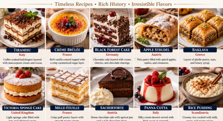 A selection of traditional European desserts including tiramisu, crème brûlée, Black Forest cake, apple strudel, baklava, panna cotta, and Victoria sponge cake.