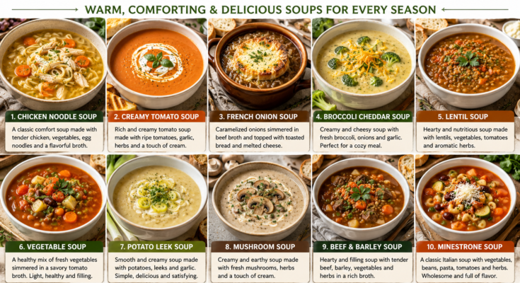 A collection of homemade soups including chicken noodle, tomato, French onion, broccoli cheddar, vegetable, lentil, mushroom, and minestrone soup.