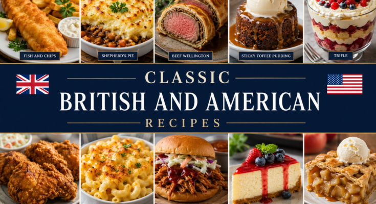 Classic British and American recipes collage featuring traditional dishes and desserts.