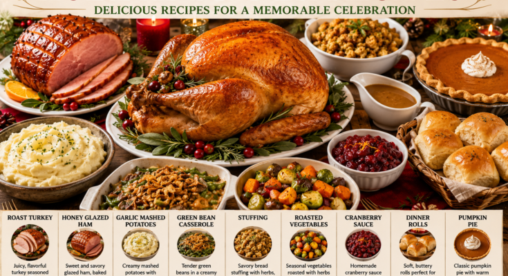 A festive holiday dinner table featuring roast turkey, glazed ham, mashed potatoes, stuffing, roasted vegetables, dinner rolls, cranberry sauce, and pumpkin pie.