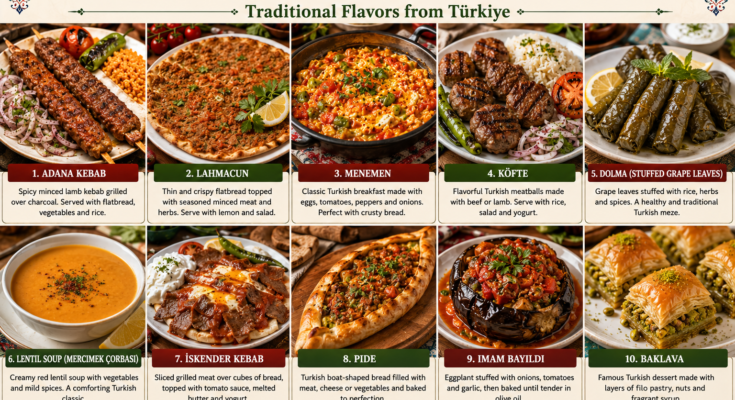 A selection of authentic Turkish dishes including Adana kebab, pide, menemen, dolma, lentil soup, köfte, İskender kebab, and baklava.