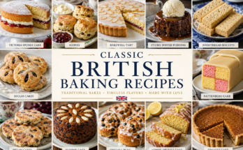 A collage of classic British baked goods including Victoria sponge cake, scones, Bakewell tart, shortbread, Battenberg cake, Welsh cakes, Dundee cake, Chelsea buns, lemon drizzle cake, and treacle tart.