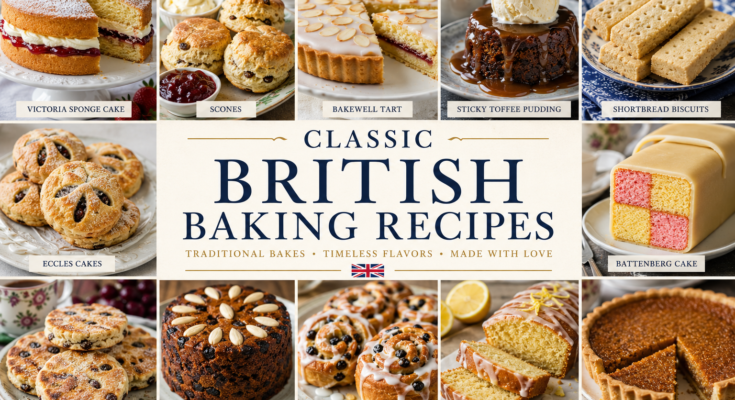 A collage of classic British baked goods including Victoria sponge cake, scones, Bakewell tart, shortbread, Battenberg cake, Welsh cakes, Dundee cake, Chelsea buns, lemon drizzle cake, and treacle tart.