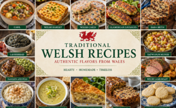 A collage of traditional Welsh recipes featuring cawl, Welsh rarebit, Welsh cakes, Glamorgan sausages, Bara Brith, laverbread, Welsh lamb roast, leek and potato soup, Caerphilly cheese pie, and other classic Welsh dishes.