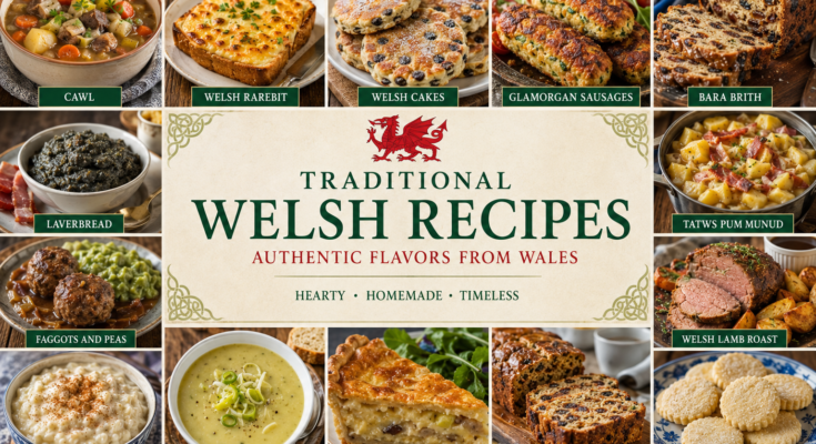 A collage of traditional Welsh recipes featuring cawl, Welsh rarebit, Welsh cakes, Glamorgan sausages, Bara Brith, laverbread, Welsh lamb roast, leek and potato soup, Caerphilly cheese pie, and other classic Welsh dishes.
