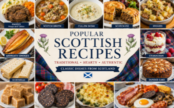 A collage of popular Scottish recipes featuring haggis, Scotch broth, Cullen skink, Scotch pie, stovies, Arbroath smokies, cranachan, shortbread, Dundee cake, Scottish tablet, black pudding, rumbledethumps, and a traditional Scottish breakfast.