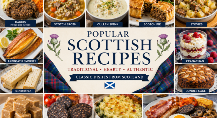 A collage of popular Scottish recipes featuring haggis, Scotch broth, Cullen skink, Scotch pie, stovies, Arbroath smokies, cranachan, shortbread, Dundee cake, Scottish tablet, black pudding, rumbledethumps, and a traditional Scottish breakfast.