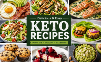 A colorful collage of keto-friendly meals including avocado, eggs, grilled chicken, salmon, lettuce wrap burgers, cheesecake, muffins, and guacamole arranged around a Keto Recipes title.
