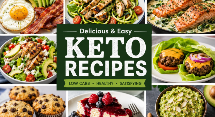 A colorful collage of keto-friendly meals including avocado, eggs, grilled chicken, salmon, lettuce wrap burgers, cheesecake, muffins, and guacamole arranged around a Keto Recipes title.