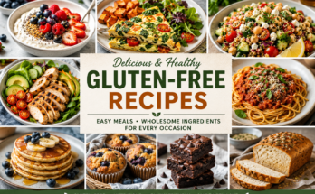A colorful collage of gluten-free recipes featuring pancakes, grilled chicken salad, vegetable omelet, quinoa salad, gluten-free pasta, homemade bread, muffins, and brownies.