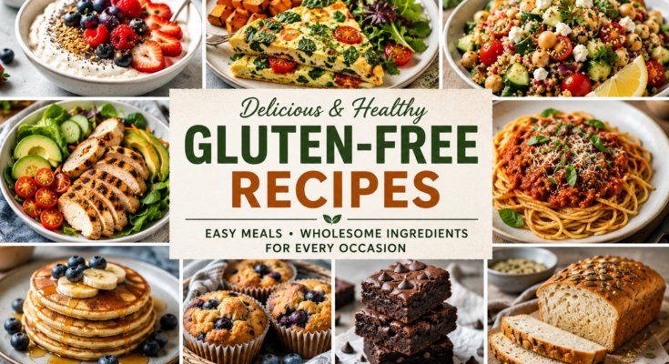 A colorful collage of gluten-free recipes featuring pancakes, grilled chicken salad, vegetable omelet, quinoa salad, gluten-free pasta, homemade bread, muffins, and brownies.