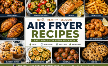 A colorful collage of air fryer recipes featuring chicken wings, salmon, roasted vegetables, French fries, shrimp, meatballs, zucchini chips, muffins, and cookies.