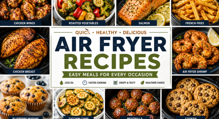 A colorful collage of air fryer recipes featuring chicken wings, salmon, roasted vegetables, French fries, shrimp, meatballs, zucchini chips, muffins, and cookies.