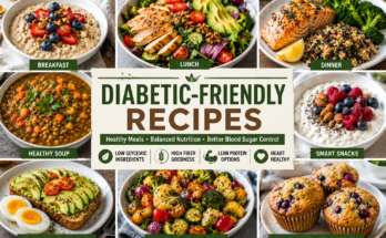 A colorful collage of diabetic-friendly recipes featuring oatmeal with berries, grilled chicken salad, baked salmon, vegetable soup, avocado toast, roasted vegetables, healthy yogurt bowls, and sugar-free muffins.