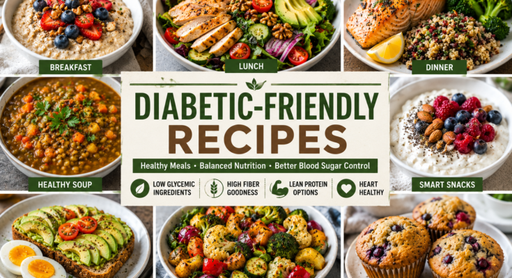 A colorful collage of diabetic-friendly recipes featuring oatmeal with berries, grilled chicken salad, baked salmon, vegetable soup, avocado toast, roasted vegetables, healthy yogurt bowls, and sugar-free muffins.
