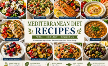 A colorful collage of Mediterranean diet recipes featuring Greek salad, quinoa salad, grilled chicken, baked salmon, hummus, lentil soup, roasted vegetables, whole wheat pasta, Greek yogurt with berries, and mixed olives.