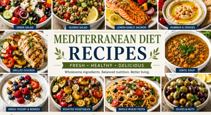 A colorful collage of Mediterranean diet recipes featuring Greek salad, quinoa salad, grilled chicken, baked salmon, hummus, lentil soup, roasted vegetables, whole wheat pasta, Greek yogurt with berries, and mixed olives.