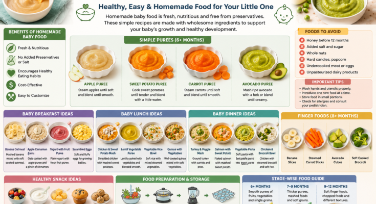 A colorful collage of homemade baby food recipes featuring fruit purees, vegetable purees, oatmeal, mashed avocado, soft finger foods, yogurt, and healthy toddler meals.