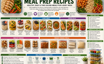 A vibrant meal prep guide featuring healthy breakfast, lunch, dinner, snack, and freezer-friendly recipes organized in reusable containers for weekly meal planning.