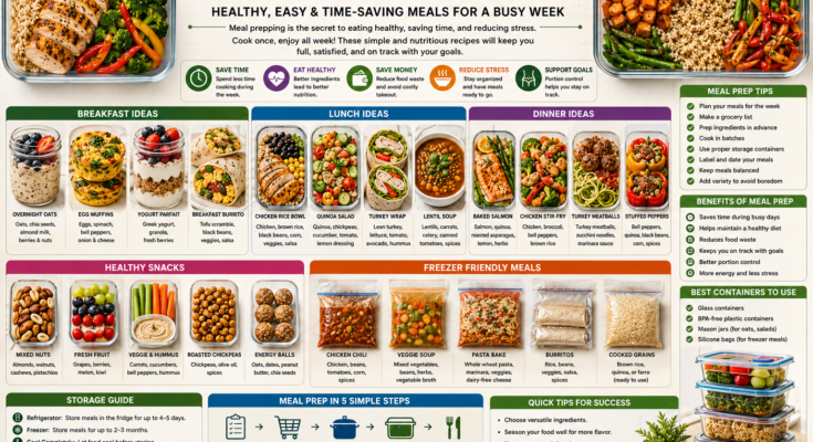 A vibrant meal prep guide featuring healthy breakfast, lunch, dinner, snack, and freezer-friendly recipes organized in reusable containers for weekly meal planning.