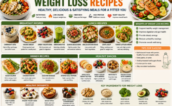 A colorful collage of weight loss recipes featuring grilled chicken salad, baked salmon, vegetable omelet, overnight oats, quinoa bowl, green smoothie, Greek yogurt, fresh fruit, and healthy snacks.
