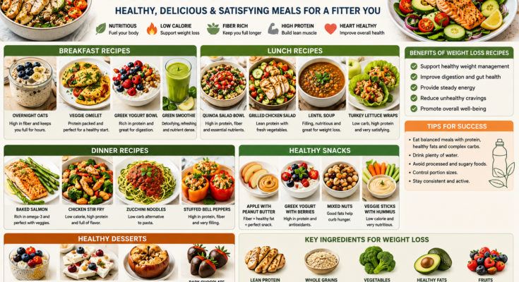 A colorful collage of weight loss recipes featuring grilled chicken salad, baked salmon, vegetable omelet, overnight oats, quinoa bowl, green smoothie, Greek yogurt, fresh fruit, and healthy snacks.