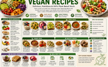 A colorful collage of vegan recipes featuring smoothie bowls, tofu scramble, quinoa bowls, chickpea salad, vegetable stir-fry, vegan pasta, roasted chickpeas, fresh fruit, hummus, and chia pudding.