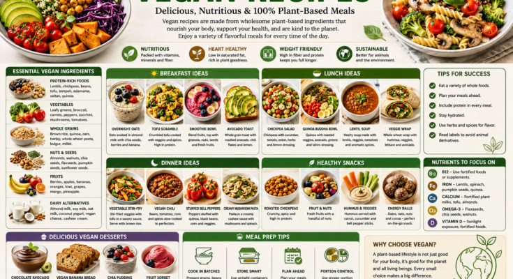A colorful collage of vegan recipes featuring smoothie bowls, tofu scramble, quinoa bowls, chickpea salad, vegetable stir-fry, vegan pasta, roasted chickpeas, fresh fruit, hummus, and chia pudding.