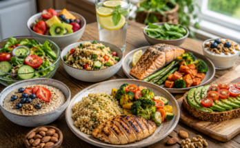 Colorful healthy everyday meals including grilled chicken, fresh salad, brown rice, roasted vegetables, oatmeal with berries, and avocado toast on a wooden dining table.