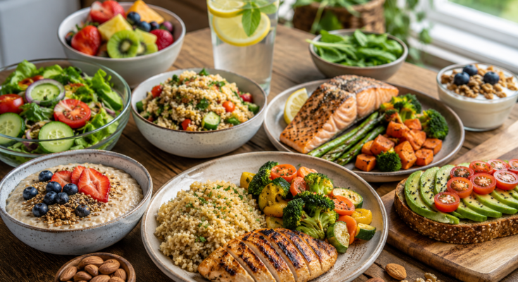 Colorful healthy everyday meals including grilled chicken, fresh salad, brown rice, roasted vegetables, oatmeal with berries, and avocado toast on a wooden dining table.