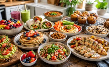 A colorful spread of egg-free recipes featuring pancakes, fresh fruit, vegetable wraps, grilled chicken, quinoa salad, roasted vegetables, muffins, cookies, and smoothies on a rustic wooden table.