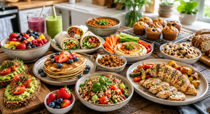 A colorful spread of egg-free recipes featuring pancakes, fresh fruit, vegetable wraps, grilled chicken, quinoa salad, roasted vegetables, muffins, cookies, and smoothies on a rustic wooden table.