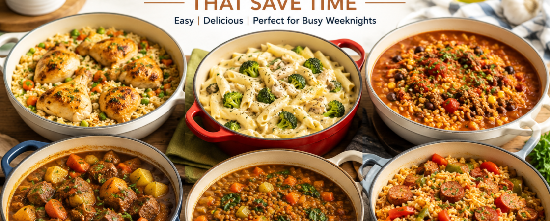 A selection of hearty one-pot family meals including chicken and rice, creamy pasta, beef stew, vegetable soup, sausage skillet, and rice casserole served in colourful cooking pots.