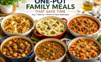 A selection of hearty one-pot family meals including chicken and rice, creamy pasta, beef stew, vegetable soup, sausage skillet, and rice casserole served in colourful cooking pots.
