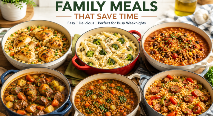 A selection of hearty one-pot family meals including chicken and rice, creamy pasta, beef stew, vegetable soup, sausage skillet, and rice casserole served in colourful cooking pots.