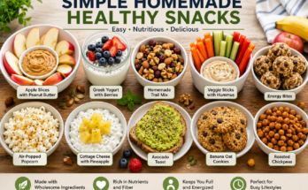Healthy homemade snacks including fruit, yogurt, trail mix, hummus, avocado toast, popcorn, and energy bites.