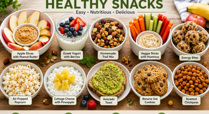 Healthy homemade snacks including fruit, yogurt, trail mix, hummus, avocado toast, popcorn, and energy bites.