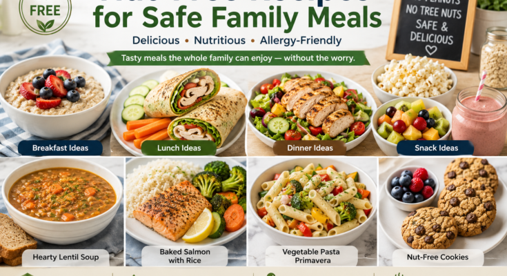 Nut-free family meals including oatmeal, wraps, grilled chicken, salmon, pasta, soup, fruit, popcorn, and cookies.