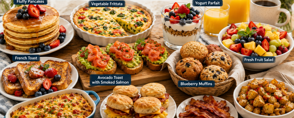 Family weekend brunch with pancakes, frittata, avocado toast, fruit salad, muffins, breakfast sandwiches, and fresh juice.