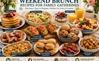 Family weekend brunch with pancakes, frittata, avocado toast, fruit salad, muffins, breakfast sandwiches, and fresh juice.