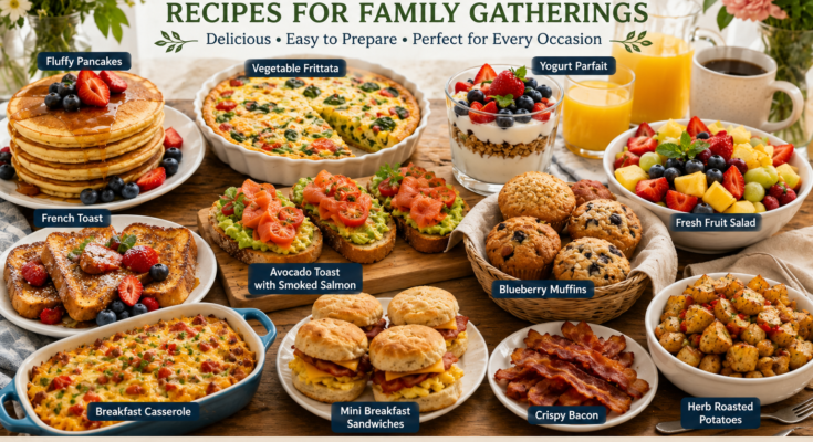 Family weekend brunch with pancakes, frittata, avocado toast, fruit salad, muffins, breakfast sandwiches, and fresh juice.