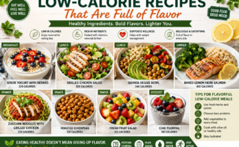 Low-calorie meals including grilled chicken salad, baked salmon, quinoa bowl, yogurt with berries, roasted chickpeas, and fresh fruit.