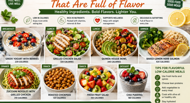 Low-calorie meals including grilled chicken salad, baked salmon, quinoa bowl, yogurt with berries, roasted chickpeas, and fresh fruit.
