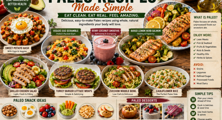 Paleo meals with grilled chicken, salmon, sweet potatoes, avocado, eggs, vegetables, berries, and cauliflower rice.