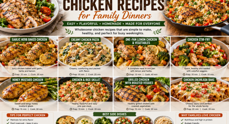 Family chicken dinners including baked chicken, creamy pasta, stir-fry, chicken and rice, grilled chicken, and enchiladas.